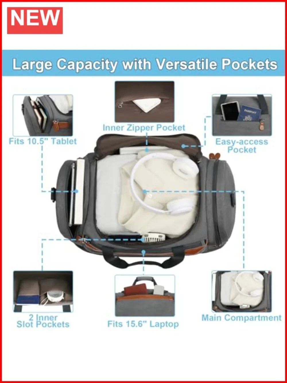 50L Expandable Canvas Travel Duffel Bag with Shoes Compartment, Carry On